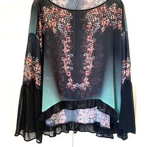 SHEER Floral Ombre Black Ruffles Flutter Sleeve Women Top